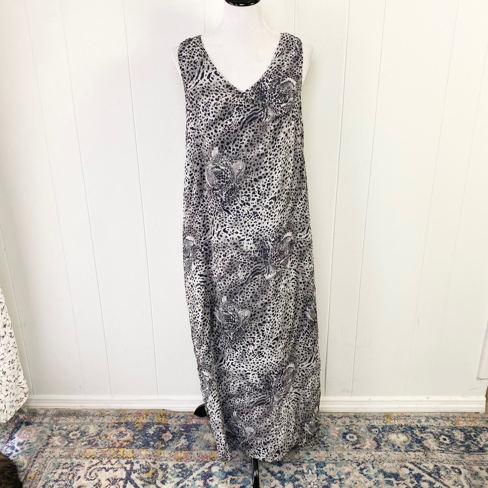 VTG Sz L? Phool Reversible Maxi Dress Grey Tiger Leopard Print Rayon Sleeveless